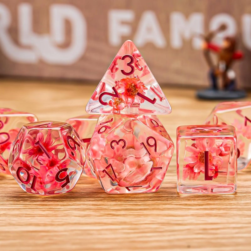 weyano Flower Resin D&D Dice Set, 7pcs Polyhedral Dice for Dungeons and Dragons, RPG, MTG, Role Playing Games (D4, D6, D8, D10, D12, D20, D%) - Image 3